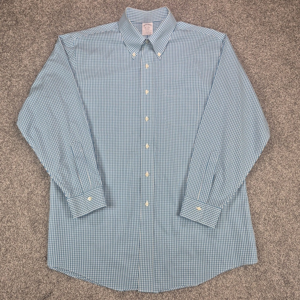 Brooks Brothers Dress Shirt Mens 17-33 Blue Gingham Regent Non-Iron Stretch